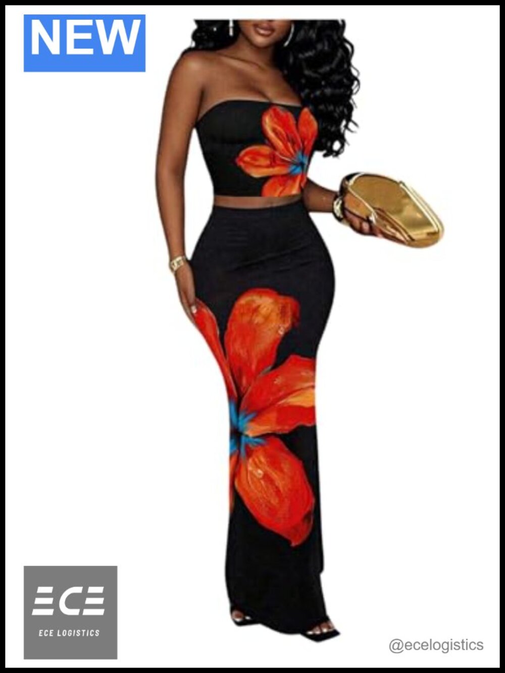 Women's 2 Piece Floral Bandeau Crop Top & Bodycon Maxi Skirt Set Boho Beach